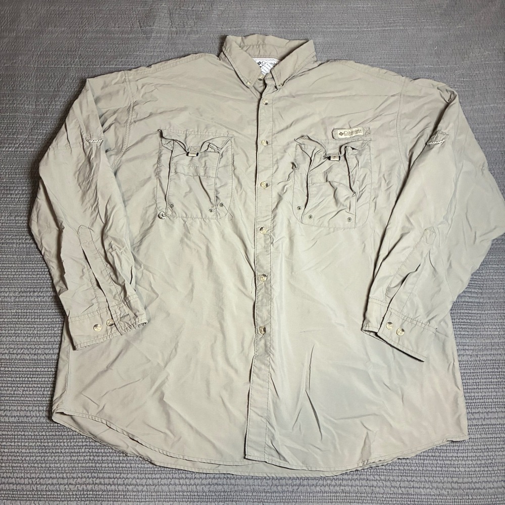 Columbia PFG Mens XL Long Sleeve Fishing Shirt Tan Khaki Vented UPF 30 Button Up